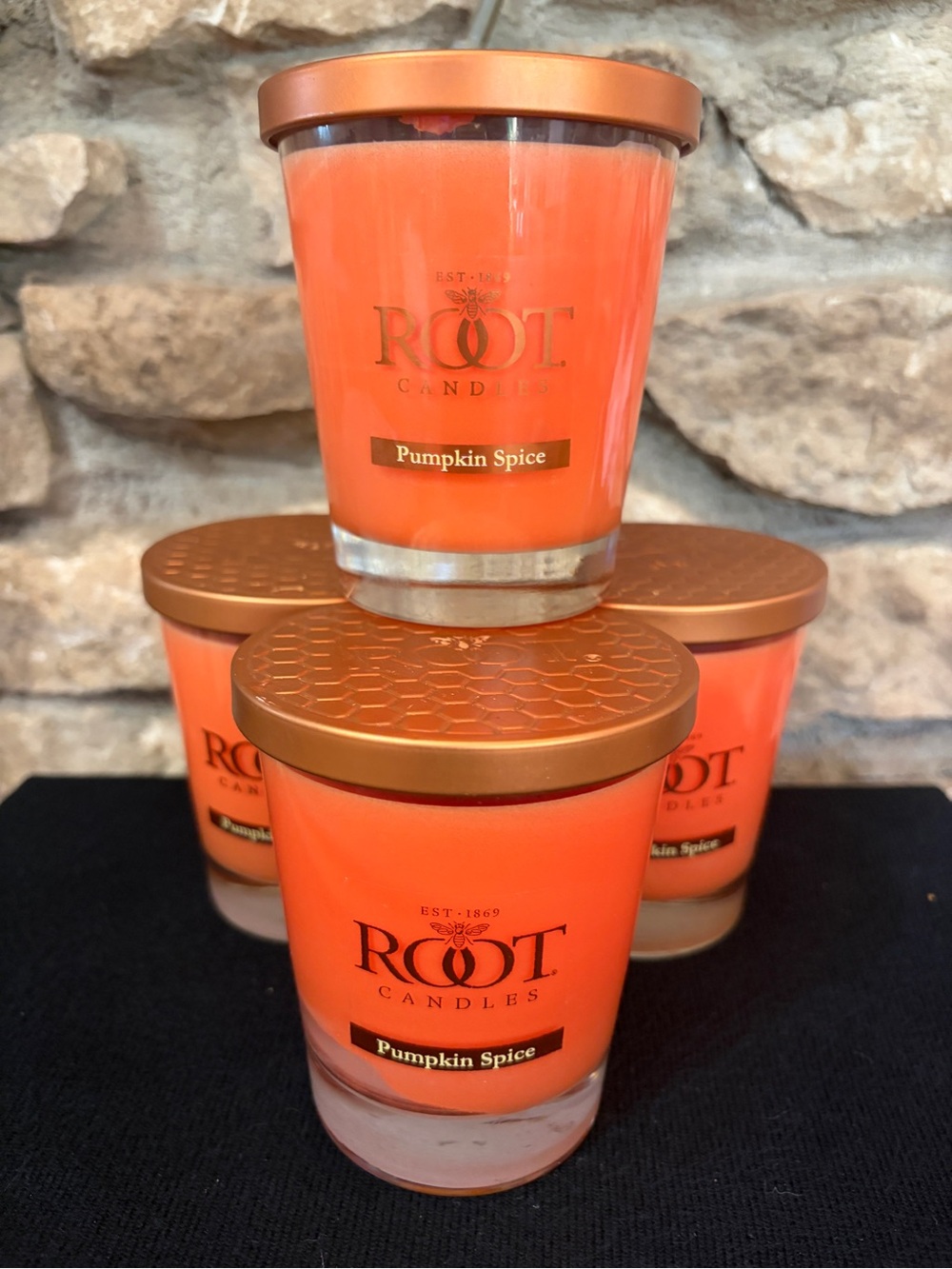 NWT Root Candles Lot (4) Pumpkin Spice Large Veriglass 10.5oz 70 Hour Halloween
